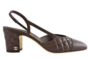Chanel 26B Dark Chocolate Brown Quilt Coco Sling Slingback Block Heel Pump 41.5